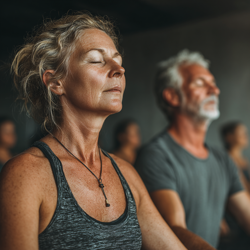 Инструктор йоги работает с пожилым клиентом